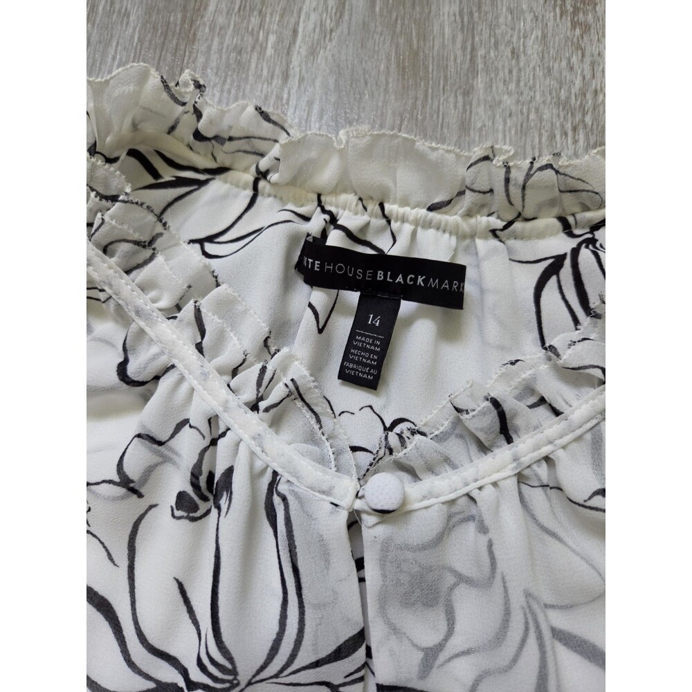 White House Black Market Floral Ruffle Neck Blouse Ivory Black Long Sleeve Sz 14 - Picture 5 of 9